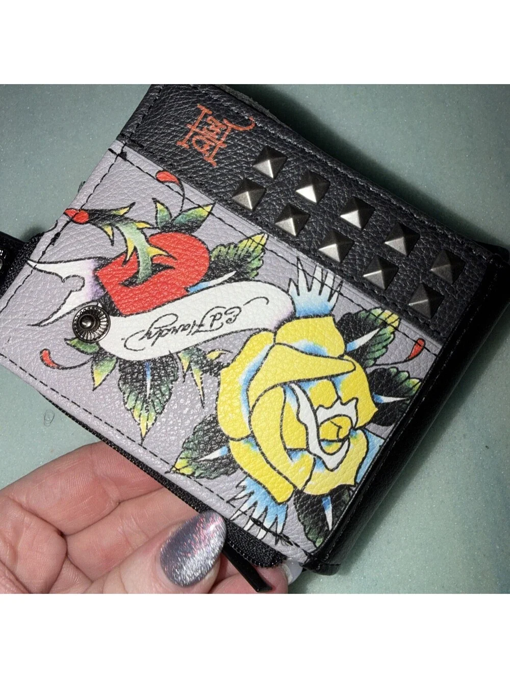 ED HARDY BI-FOLD SNAP CLOSURE/ZIPPERED POCKET/METAL STUDS WALLET - NWT